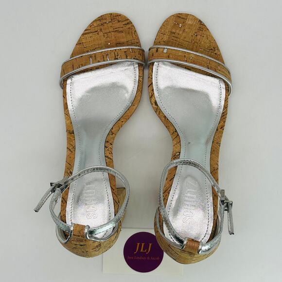 Schutz Women's Cadey Lee Block Cork Silver Leather Causal Sandal Heels Size 9 - Picture 9 of 12